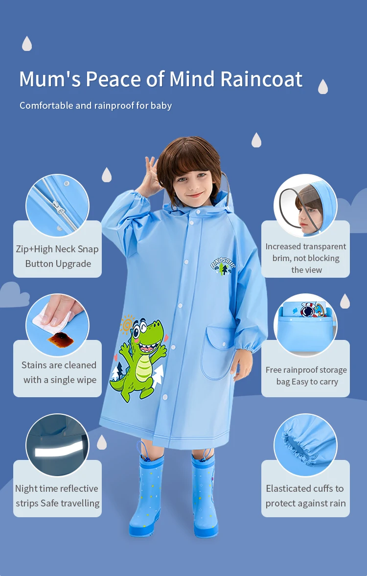 Back to school EVA waterproof rain coat cartoon print raincoats with schoolbag children's raincoat for kids students factory