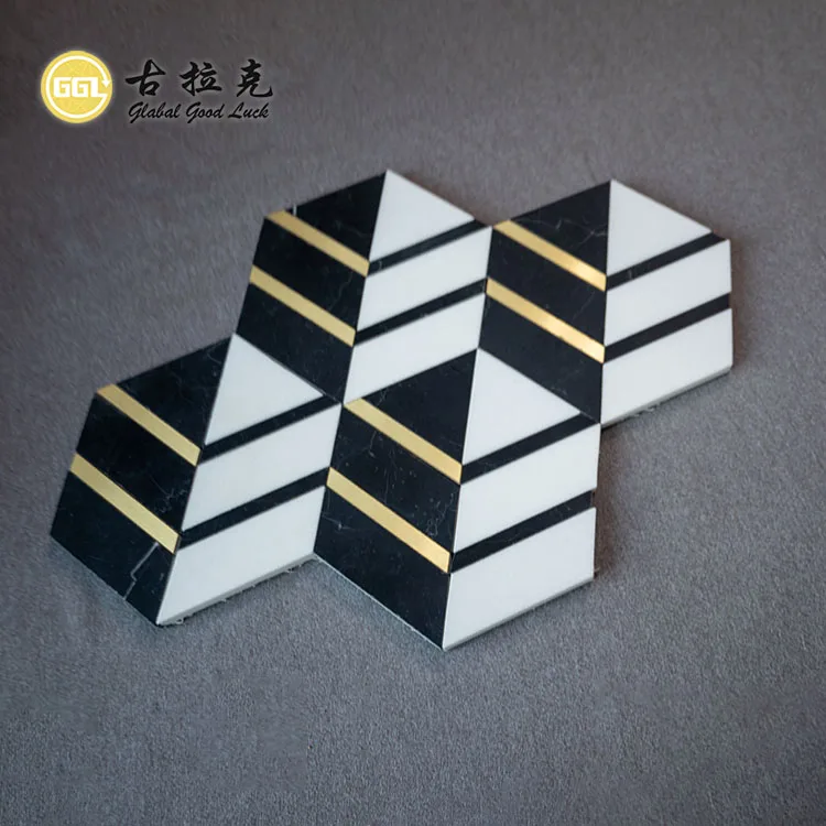 Marble Mix Brass Mosaic Tile for Villa Hotel Project Wall Decoration Black White Hexagon Tile With Metal