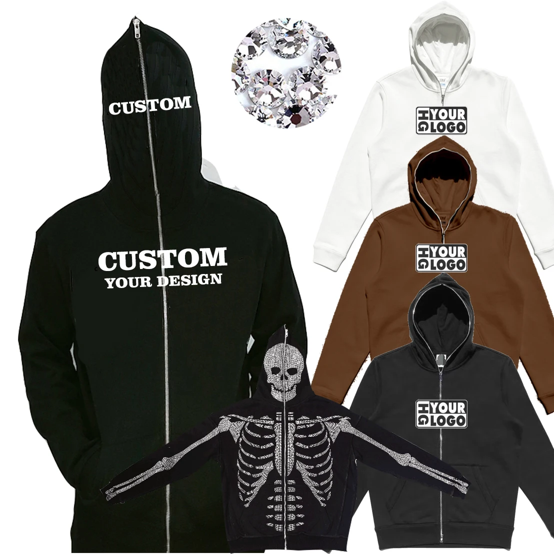 Oem Custom Zip Hoodie Sweatshirts High Quality Wholesale Full Face Zip up Skeleton Rhinestone Men Hoodie
