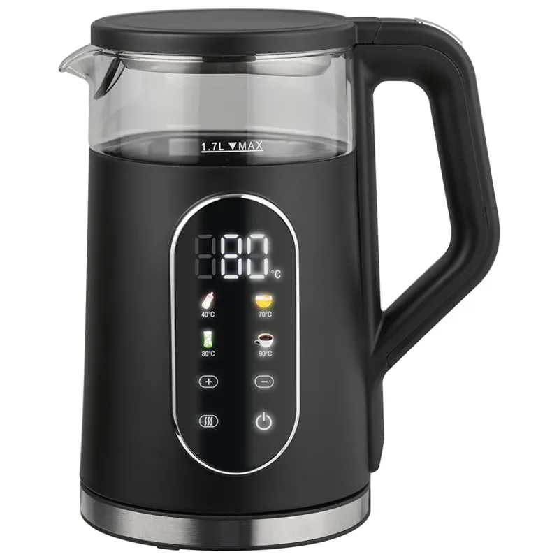 1.7L 2200W Touch Screen Double Wall Kettle Inside 304 Stainless Steel Outside PP Wooden Handle Fast Boiling Auto Off