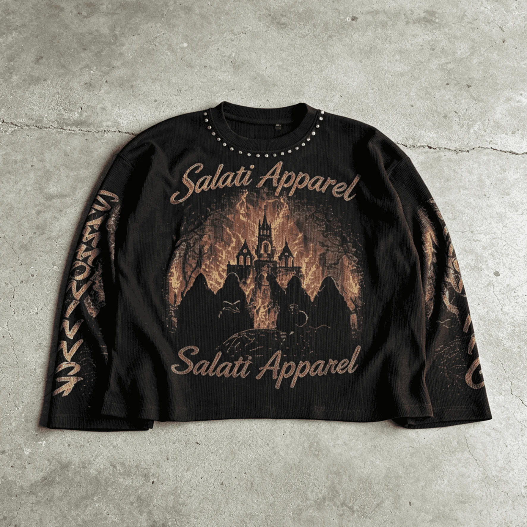 Custom Logo Vintage Washed Long Sleeve T Shirt Heavyweight Cotton Rhinestone Graphic Luxury Streetwear For Men