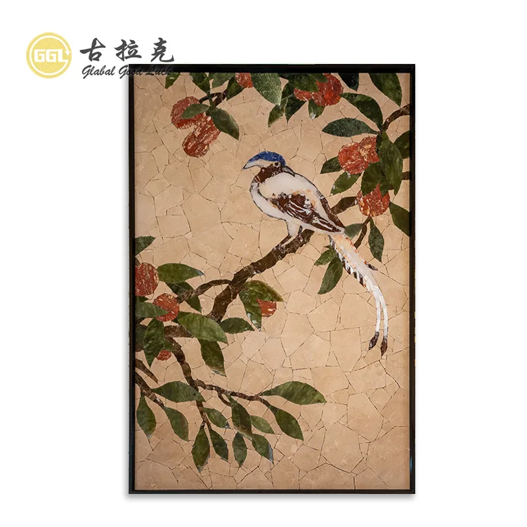 Colourful Handmade Flowers and Bird Marble Artistic Mosaic Painting Mural for Wall