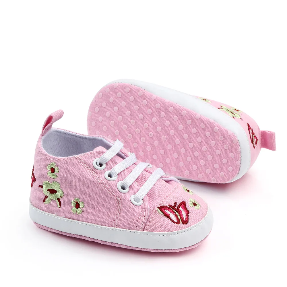 Infants Solid Color Embroidered butterfly Elastic Soft Soled Baby Canvas Walking Shoes factory