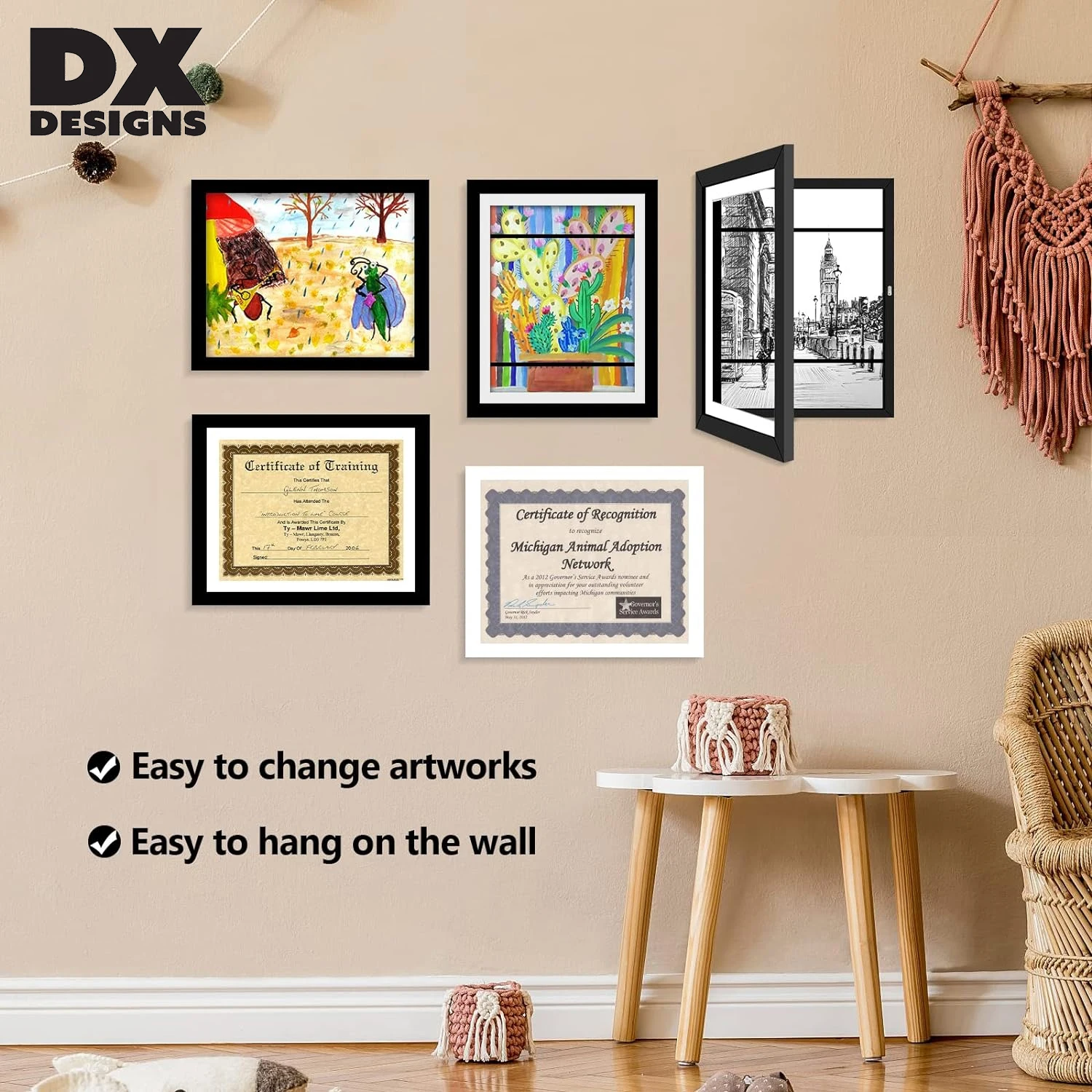 Custom Size Kids Art Frame with Mat Changeable  Artwork Display Storage Black White  Frame for  Wall or Table
