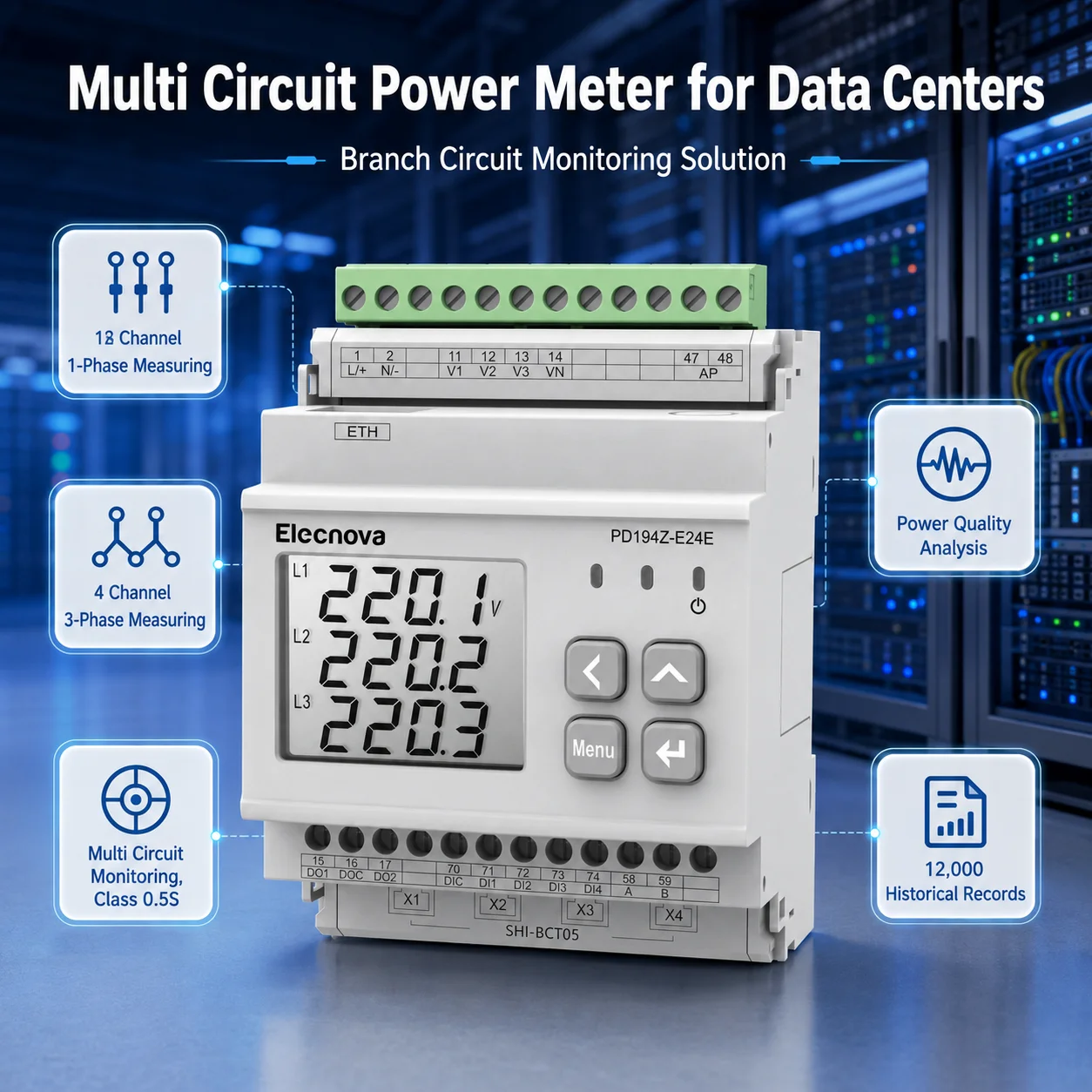 Multi Circuit Power Meter Modbus TCP 4 Channel Three Phase 12 Channel Single Phase Energy Monitoring Meter for Data Center