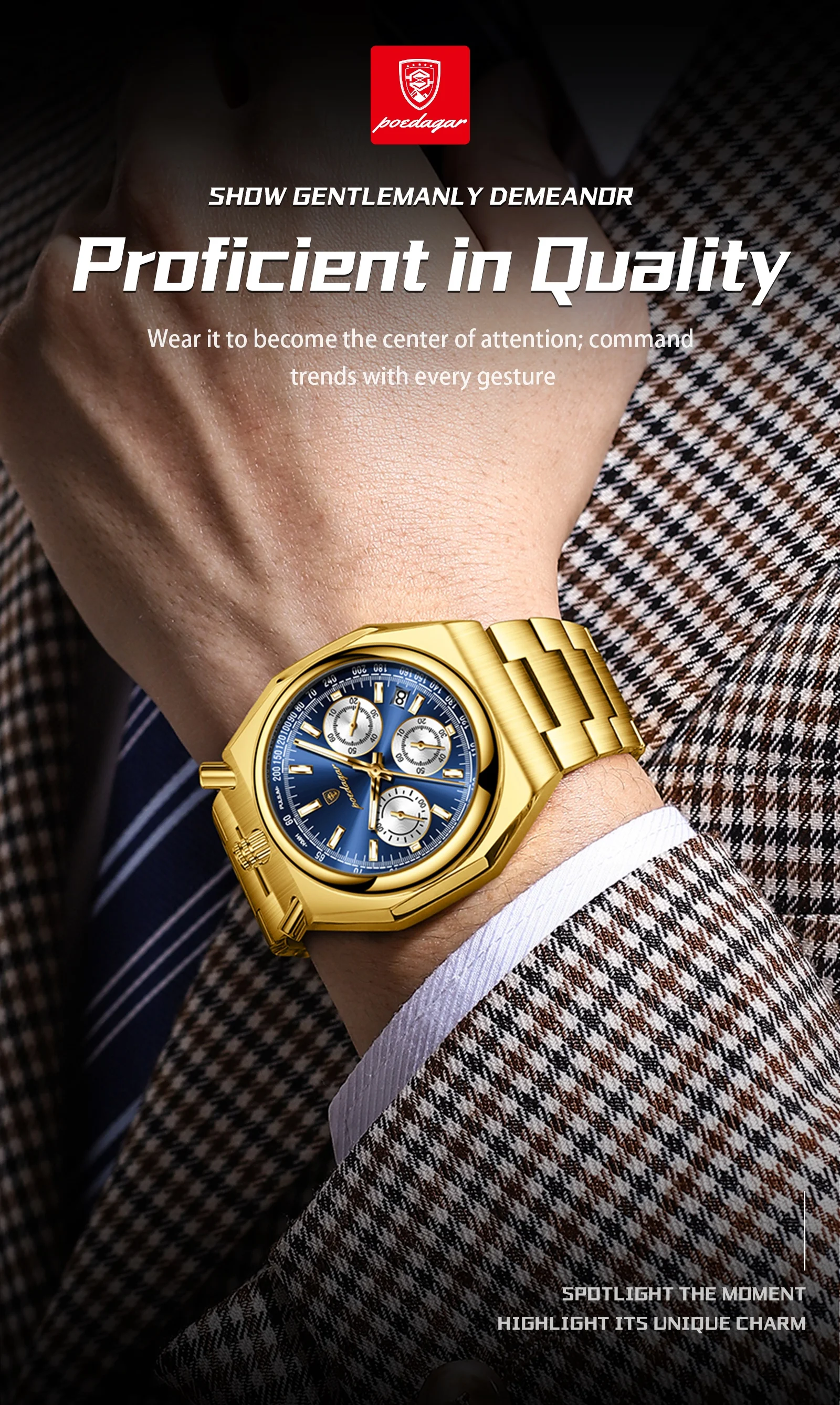 Poedagar 897 Chronograaf Heren Quartz Horloges Lichtgevende Wijzers Drie Ogen Wijzerplaten Mode Multifunctionele Lichtgevende Waterdichte Horloges