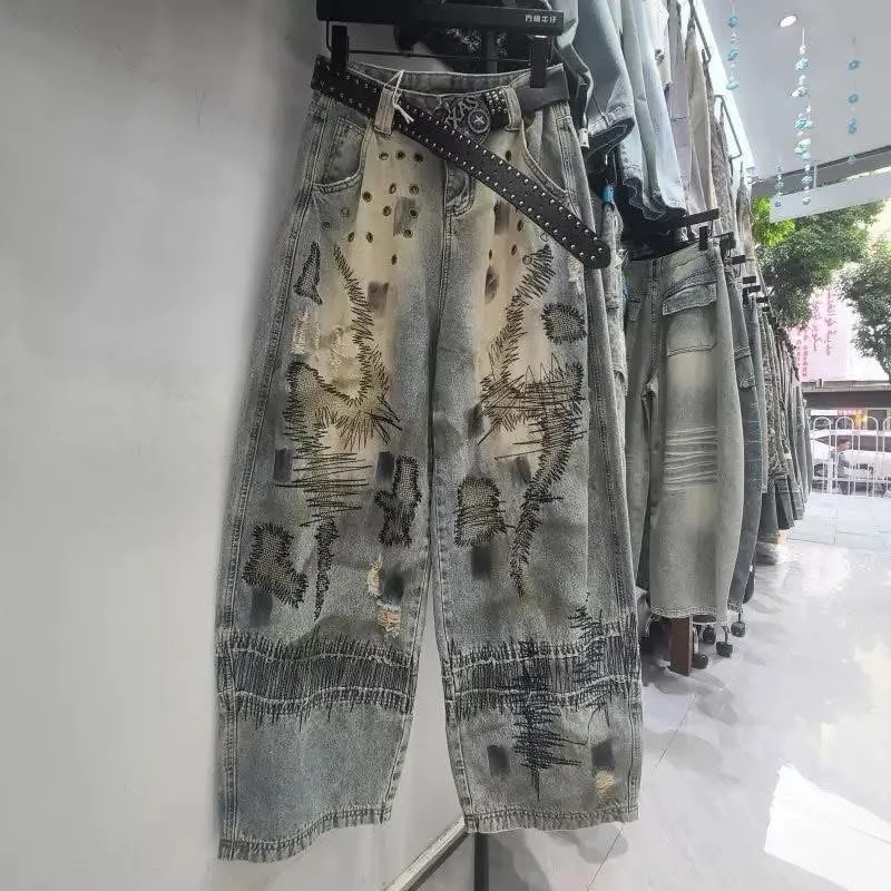 Hip Ho P: Na zakázku vyrobené mužské retro streetwear džíny se širokými nohavicemi, 100 % bavlna, ekologicky šetrné, volné střihy, potřepané omytí, roztrhané, digitální potisk