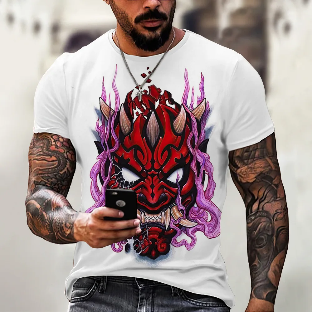 Cross Border Japanese Style Harajuku Samurai Tattoo Men's T-shirt Fashion Art Mask Round Neck Short Sleeved Punk Clothing