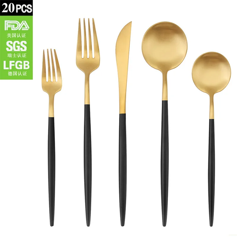 304 stainless steel Portuguese tableware knife fork and spoon set Nordic western food black gold steak knife fork and spoon