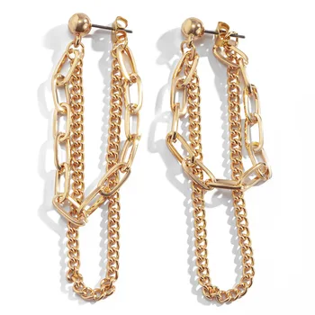 Jewelry Hip Hop Punk Metal Chain Hipster Earrings Retro Tassel Double Chain Earrings Gold Silver