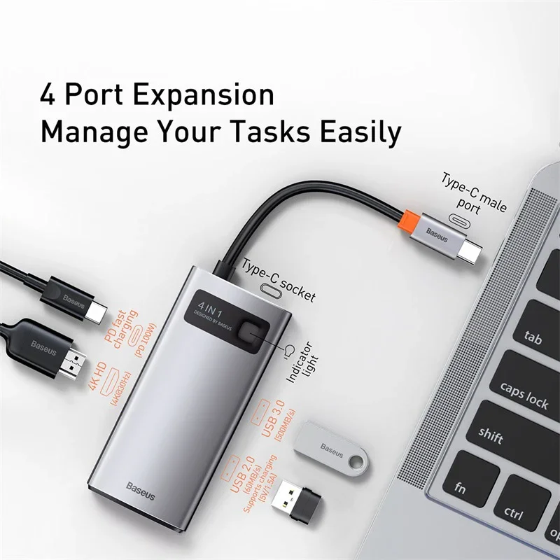 Baseus 4-in-1 USB Hub Metal Gleam Gen1 USB 3.0 + 4K@30Hz hd mi-Port + 100M Ethernet Port for Laptop Accessories Type C Hub - Image 2