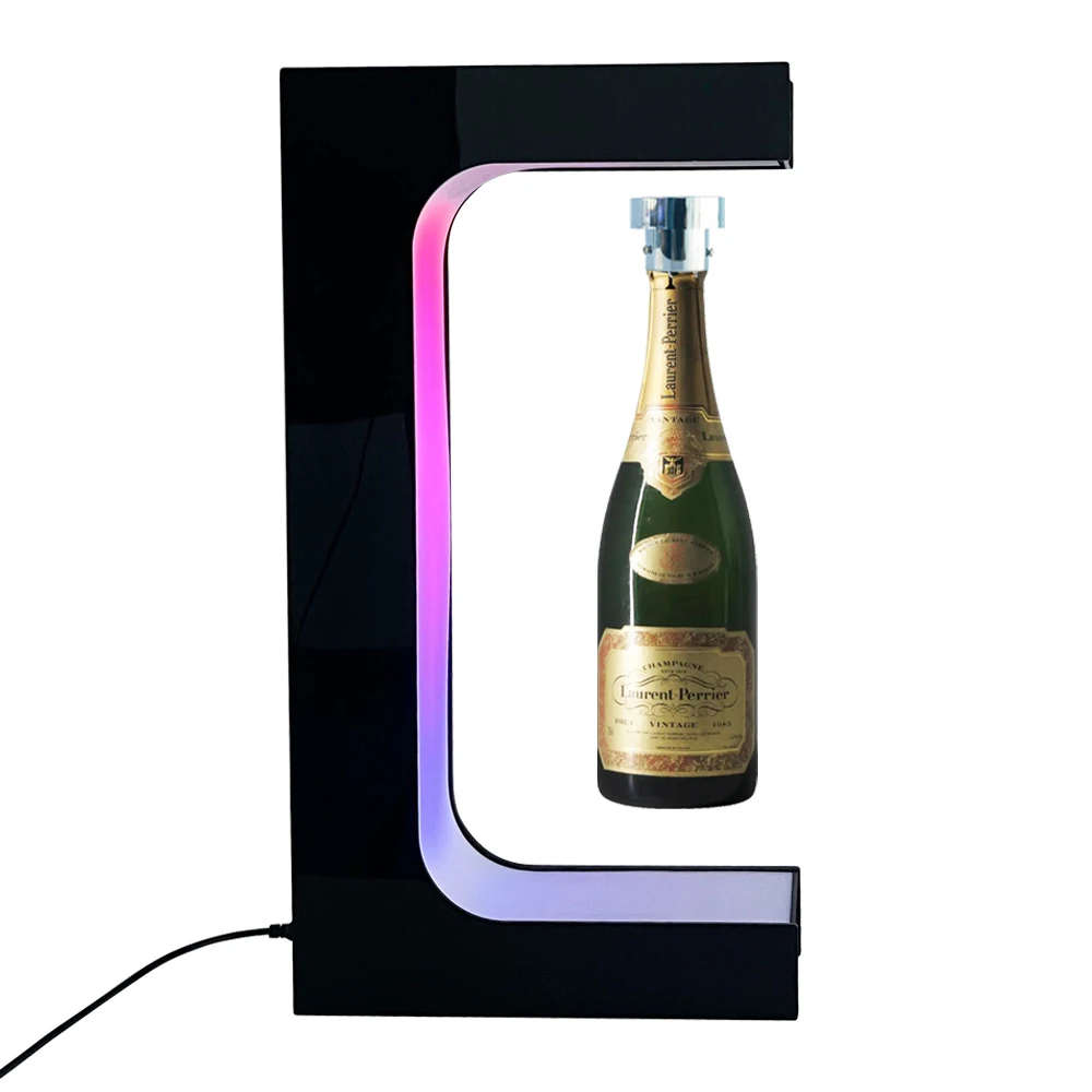 E Shape Color Lighting Magnetic Rotating Levitating Floating Wine Bottle Display