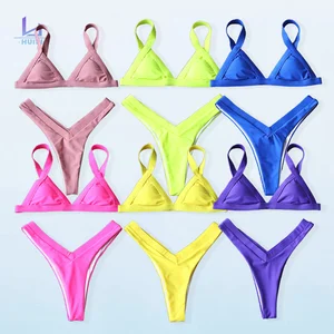 Huili Swimwear Manufacturer High Quality Women Solid Color Two Piece Beachwear Swimsuit Custom logo Triangle Bikini Set