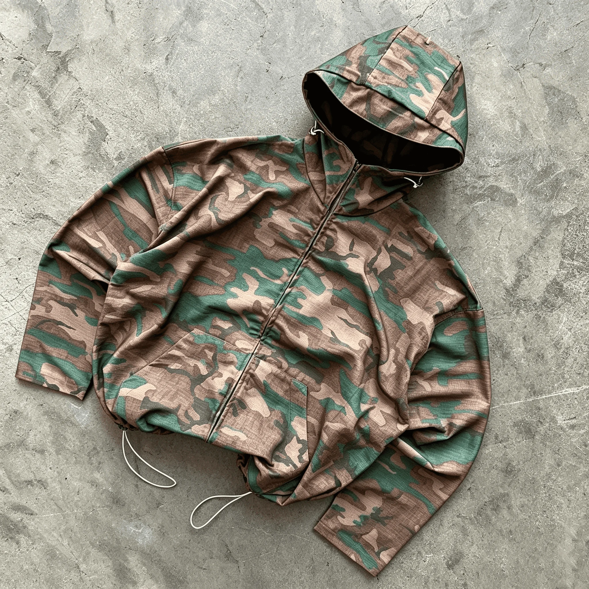 Custom Hooded Twill Cotton Hunting Jacket for Men,Woodland Camo Pattern Printed Outwear Jacket with Drawstring Design