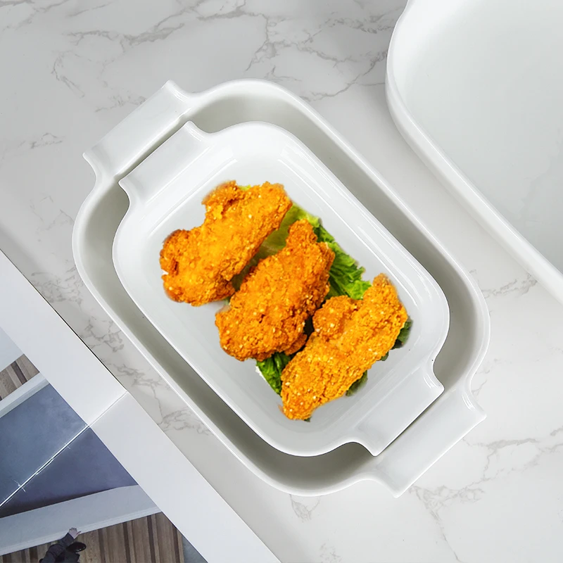WEIYE 2025 New Arrival Rectangular Durable Porcelain Baking Pan White Ceramic Baking Tray With Handle
