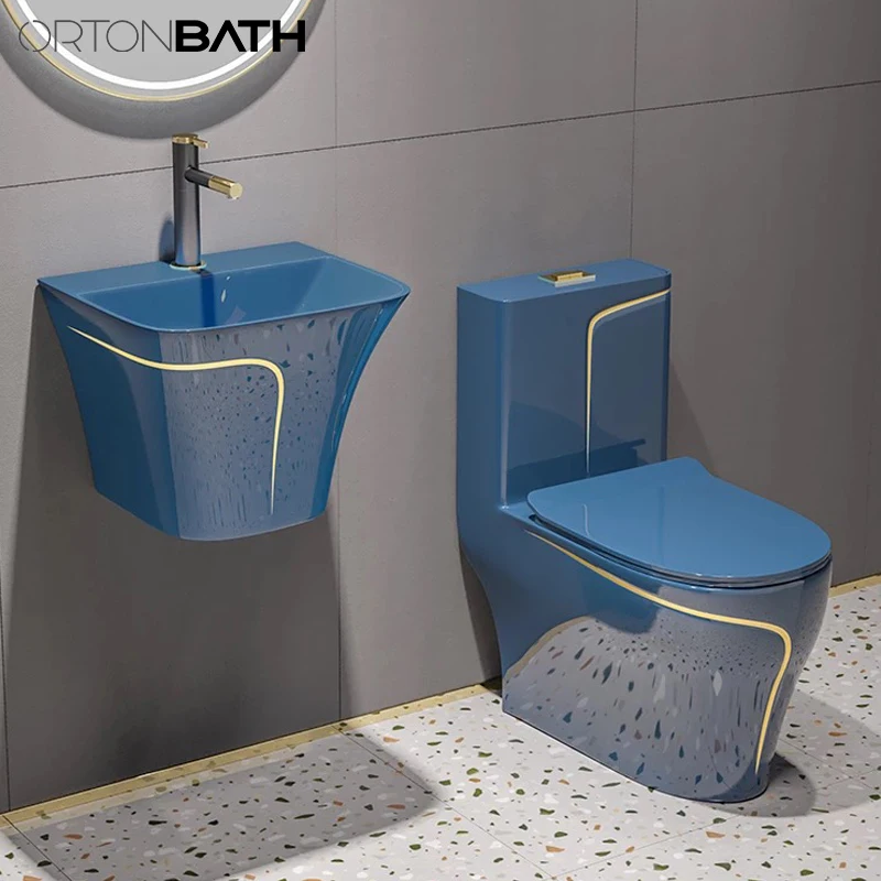 ORTONBATH Blue Color With Gold Line Middle East Toilet Sanitary Ware Small Toilet Seats Siphon One Piece Ceramic WC Toilets