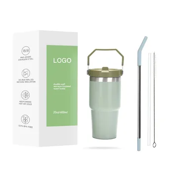 Ready To Ship 20oz Travel Tumbler With Handle Stainless Steel Reusable Coffee Mug Insulated Green Coffee Cup For Camping