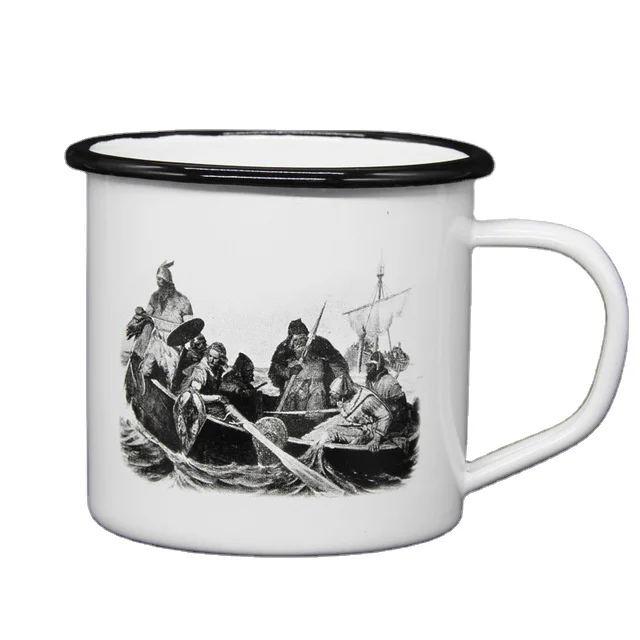 Camp Mug - Enamel Covered Steel Coffee Mug - Black and White