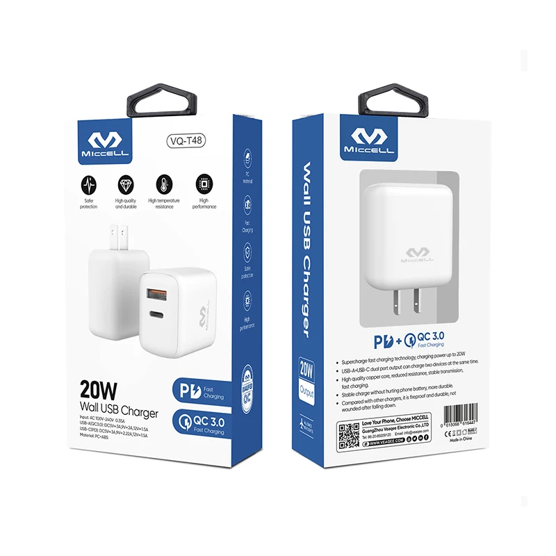 Miccell Mobile Phone Chargers Wholesale 20w Pd Usb C Qc3.0 Fast Charging Wall Charger Android