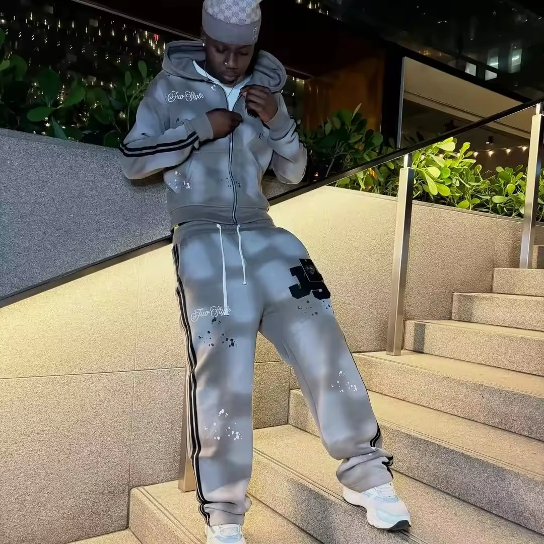Fashion Vintage Custom Street Style Tracksuit Distress Drawstring Acid Wash Breathable Loose Fit Distressed Applique Embroidery gallery 4
