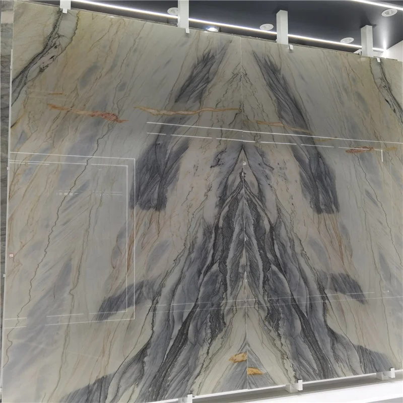 Плити з кварциту «Norway Forest Green» у техніці «book match» (дзеркальне зіставлення), екзотичний камінь для оздоблення вілл, розкішний дизайн інтер’єру