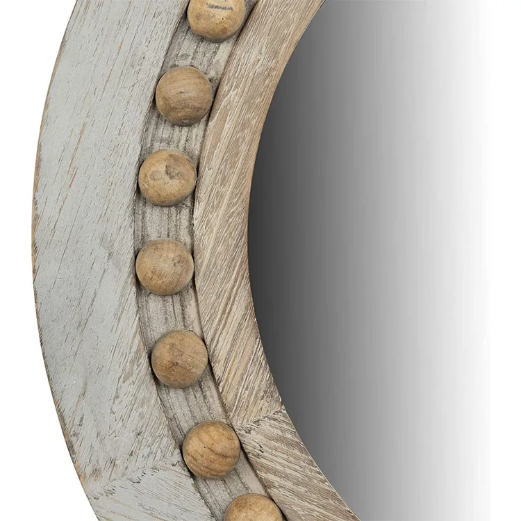 Natural Wooden Bead Round Decorative Wood Wall Reflective Mirrors,Grey