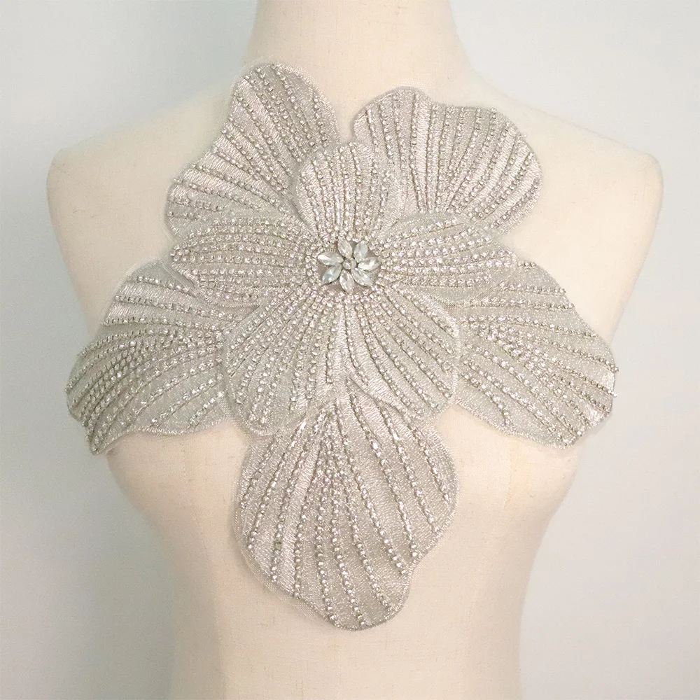 Luxury 3D Flower Beaded Patches with Silver Metallic Thread Sew-On Style Beaded Embroidered Collar Lace Applique