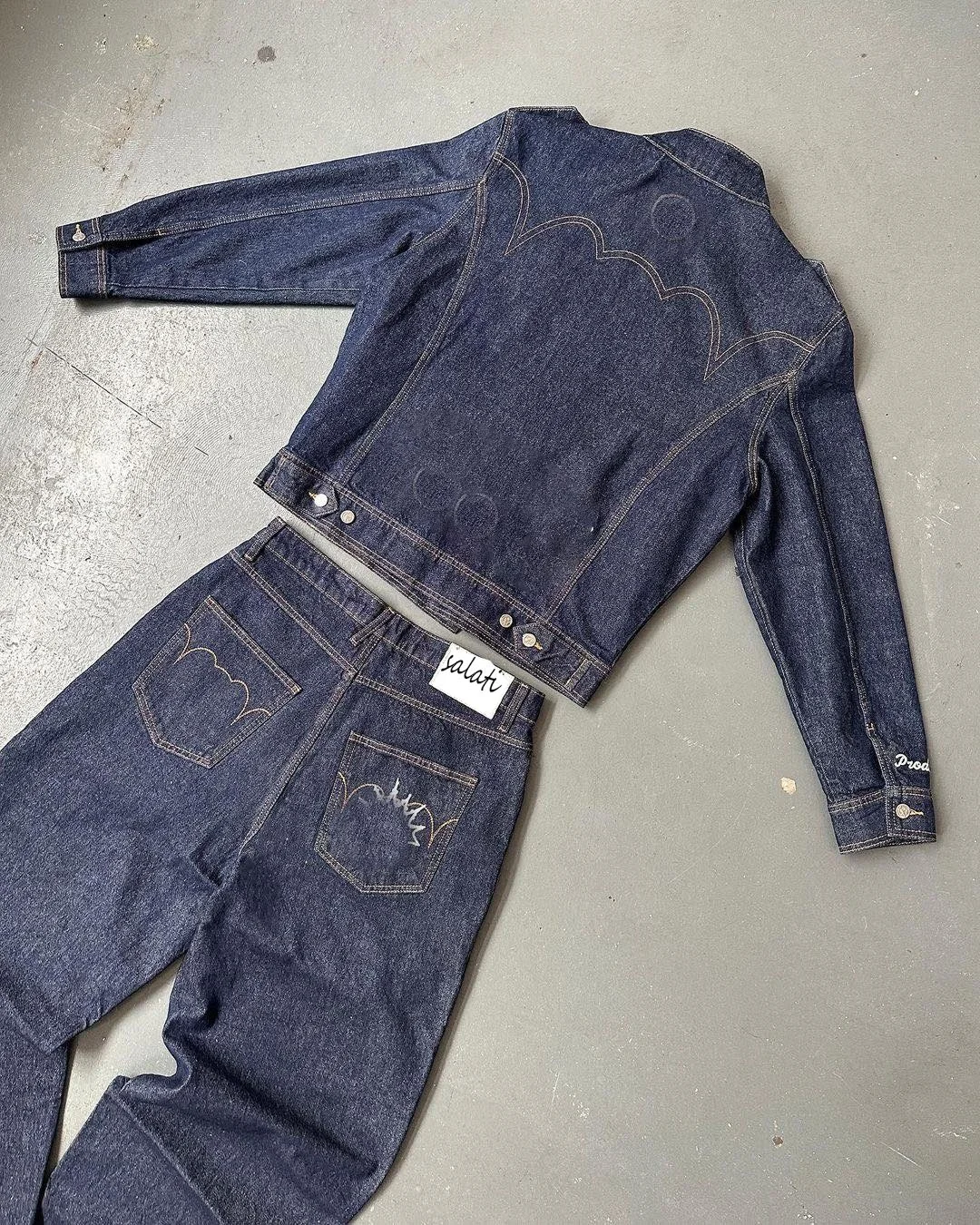 For Vintage Custom High Quality Hip Hop Men's Oversized Two-Piece Baggy Denim Motorcycle Jacket Jeans Set Quick Dry gallery 2