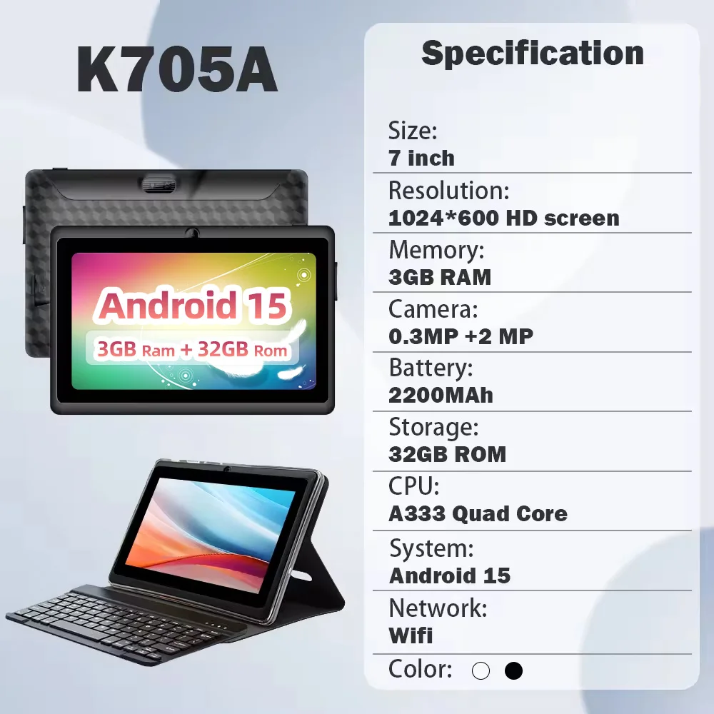 最新7インチAndroid 15タブレットPC、3GB RAM、32GB ROM、子供向け教育用