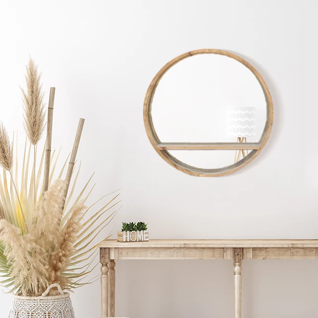 Mdf Frame Round Home Decorative Wall Mirror with Shelf Design Rustic Wood Home Decor Wall Mirror