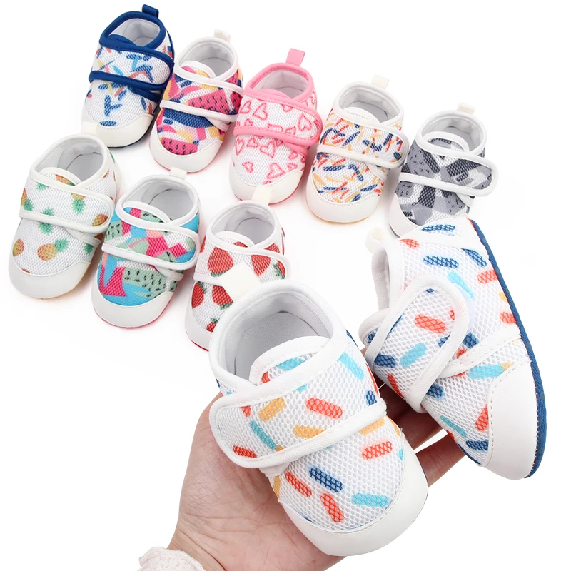 PU Leather Toe Mesh Breathable Cartoon Printed Baby Girls and Boys Soft Soled Toddler Shoes