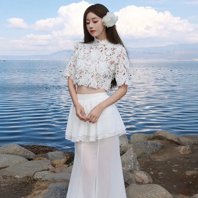 MEDI CUTWORK 3D LACE MOTIF LAYERED SKIRT 3d Floral Lace Short Top+
