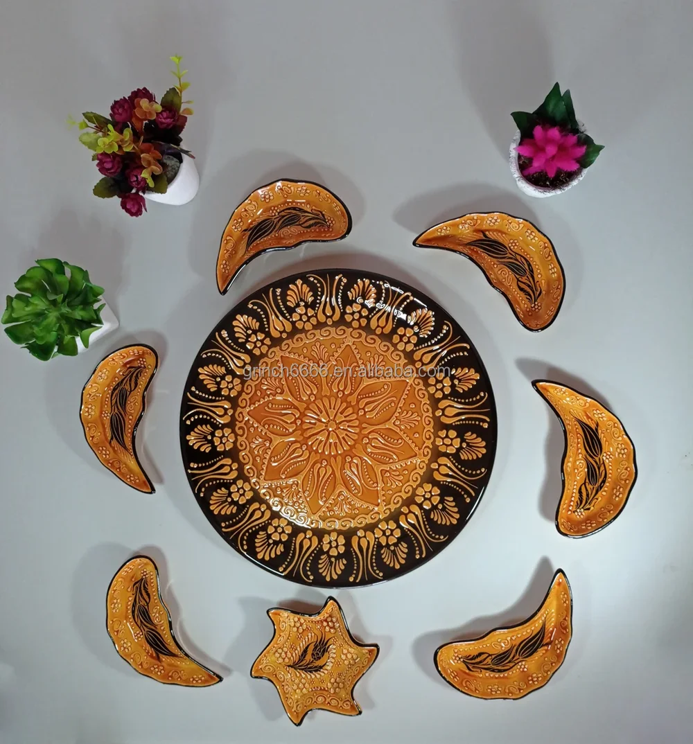 Handmade Serveware Set 9 Breakfast Dining Serving Ceramic Mezze Tapas Sauce Platters Tray Handpainted Food Safe Gift
