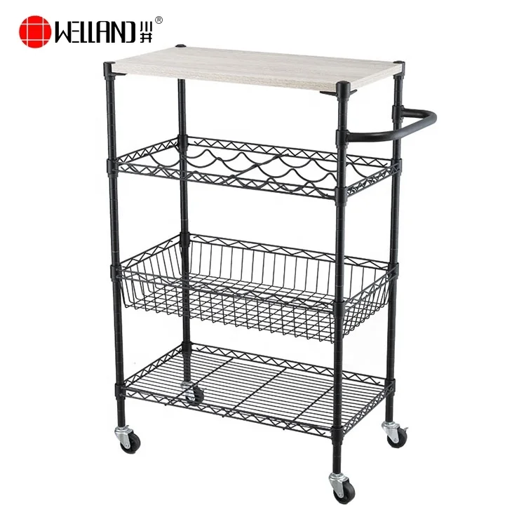 Горячая Распродажа стальная современная кухонная тележка на 3 яруса с резиновым деревянным верхом