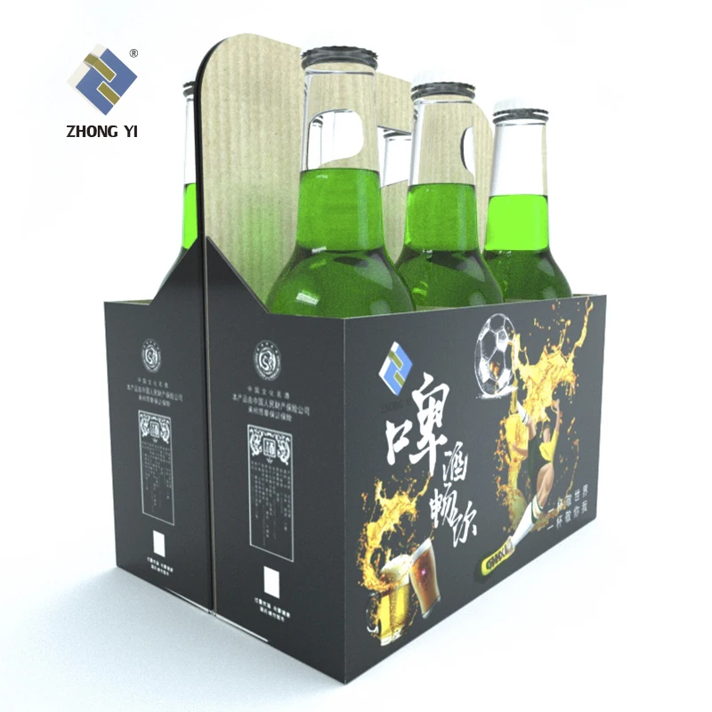 Folding Custom Printed Kraft Paper Cardboard 4 or 6 Pack Beer Holder Carrier Wine Beer Bottle Packaging Box