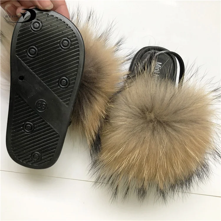 Factory Price 2021 New Colorful Real Fox Fur Sandals With Strap Toddler Kid Fur Slides