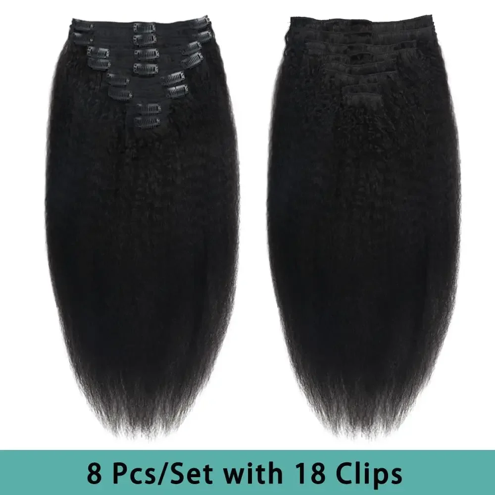 Kinky Straight Clip in Echthaar-Verlängerung #1B Natürliche Farbe Brasilianisches Haar Clip Ins 8-teiliges Remy-Haarverlängerung für Frauen 18 Clips_voghion.com