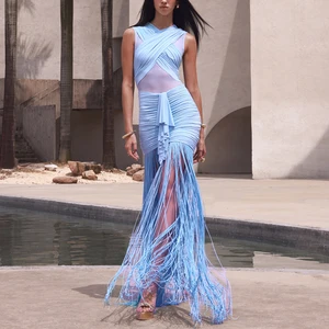 ZYHT 70095 Manufacturer Wholesale Jersey Mesh Solid Blue Tassel Strap Ruffle Cross V-neck Maxi Evening Party Club Dress