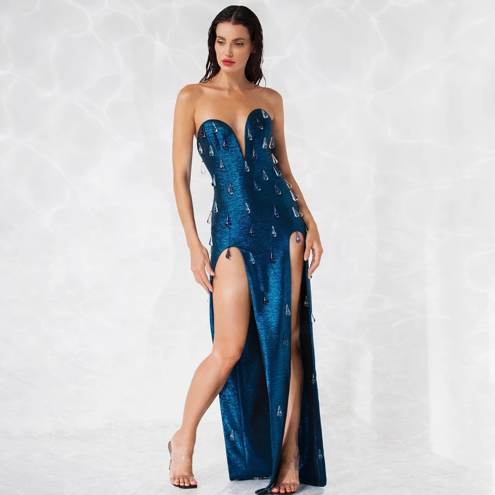 Colors Rhinestone-Sprinkled One Shoulder High Slit a sleeveless bodice Gown 2647