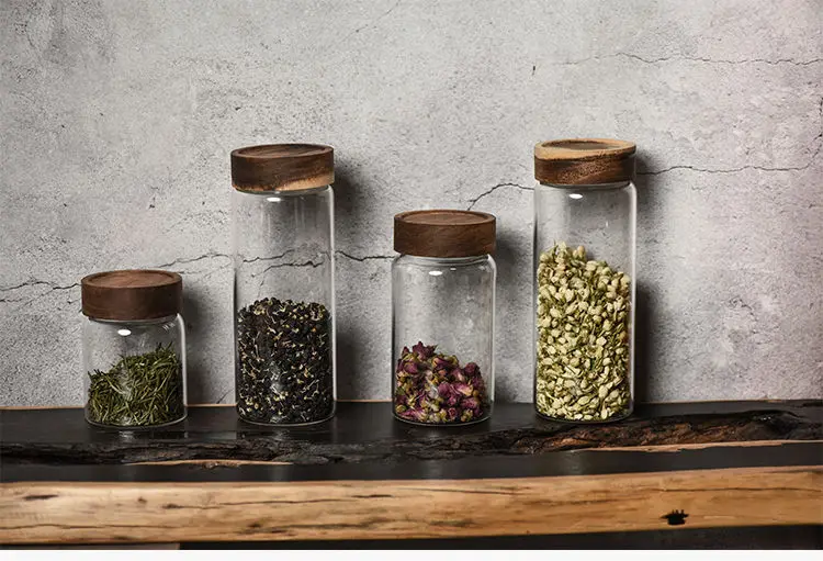 Thread Type Borosilicate Glass Storage Jars With Airtight Acacia Wooden ...