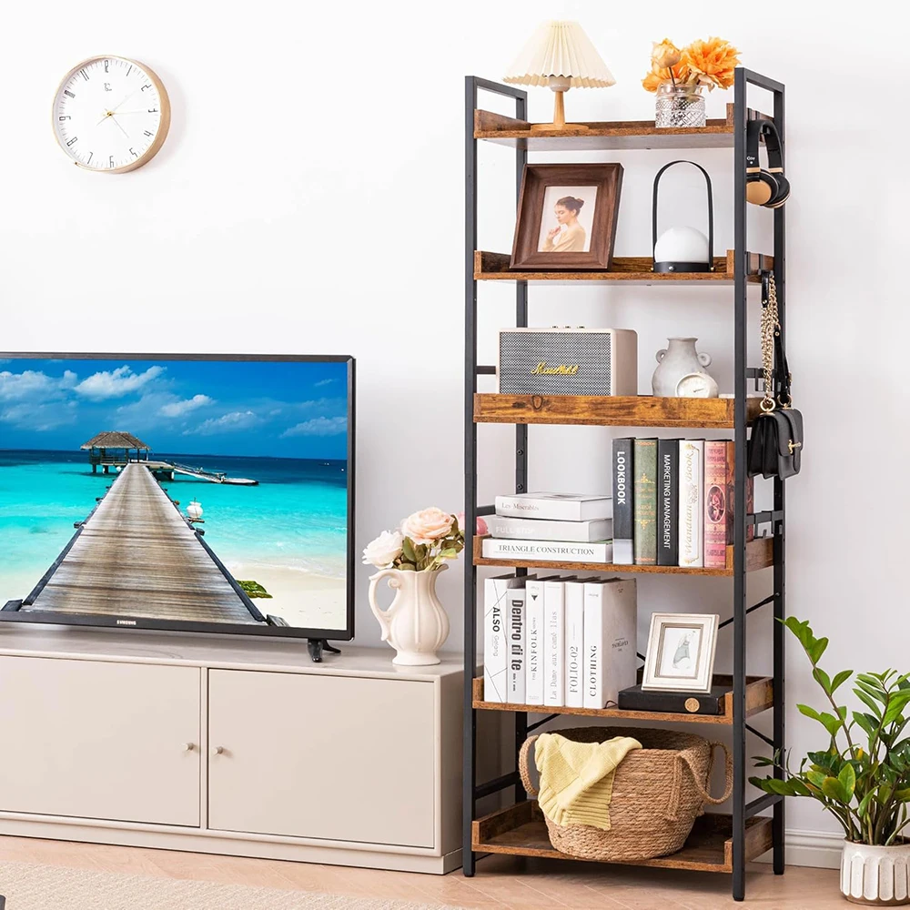 product adjustable 6 tier open modern wood black metal bookcase with back panel home office living room bedroom-4