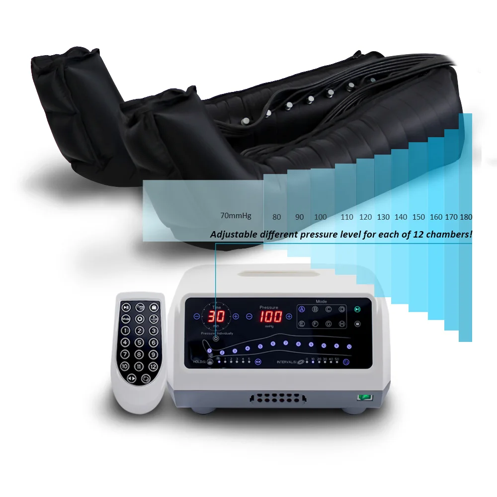 New Sports Recovery Products Premium 110V/220V AC 12-Chamber Air Compression Massage Boots with Pressure Sensor Leg Use