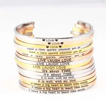 Personalized Gold Plated Stainless Steel Inspirational Custom Engraved Letter Name Cuff Bracelet Bangle