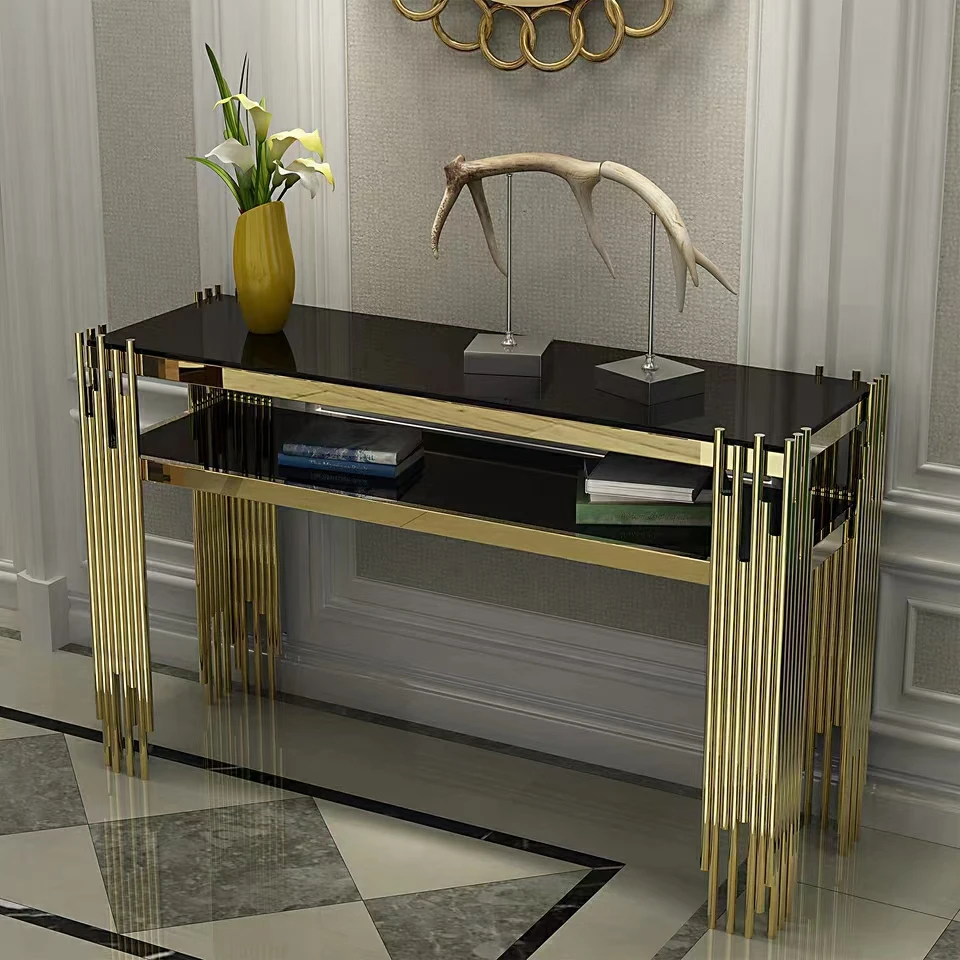 Home Furniture Living Room Rectangle Side Tables Gold Legs Marble Top Entryway Table Glass Console with Mirror