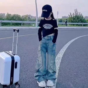 2026 Cool Long-Sleeved Girls Clothing Set Top and Stylish Trendy Wide-Leg Jeans Set Casual Fashionable Design for Kids' Wear