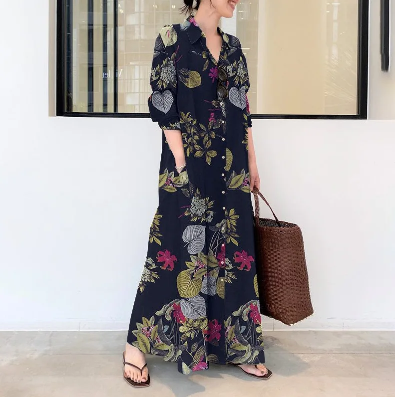 cotton linen dresses with sleeves Cotton Linen Dress for Women Elegant Casual Summer Spring Button Down Front Long Sleeve Maxi Dress Long Cardigan Cover Ups Shirt Dresses