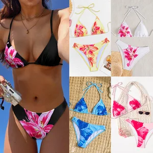Floral Print Two-Piece Bikini Set for Women Sexy Halter Neck Top and Tie Side Bottom Swimsuit
