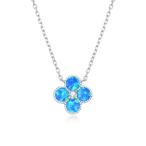 925 Sterling Silver Lucky Four Leaf Clover Jewelry High Quality Gold Plated Blue Opal Pendant Necklace