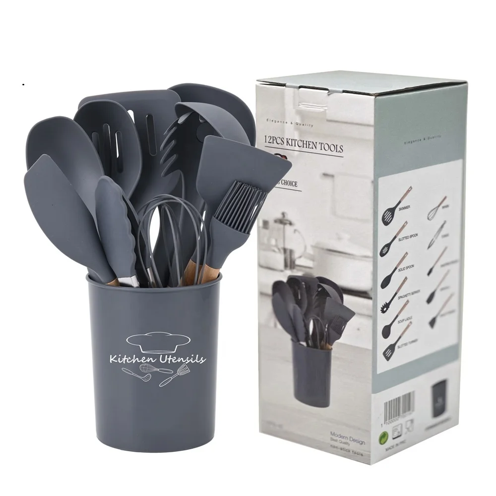High End Best Selling 12pcs Silicone Kitchen Utensils Sets Cooking Gadgets With Plastic Holder
