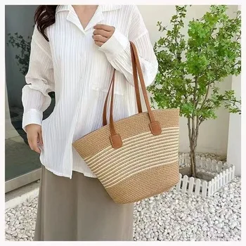 New Arrival Custom Made Tote PU Handle Beige Straw Woven Bag  Vacation Travel Beach Bag